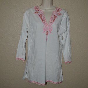 S/M Delfina White Pink Embroidered 3/4 Sleeve Cover Up Tunic Dress